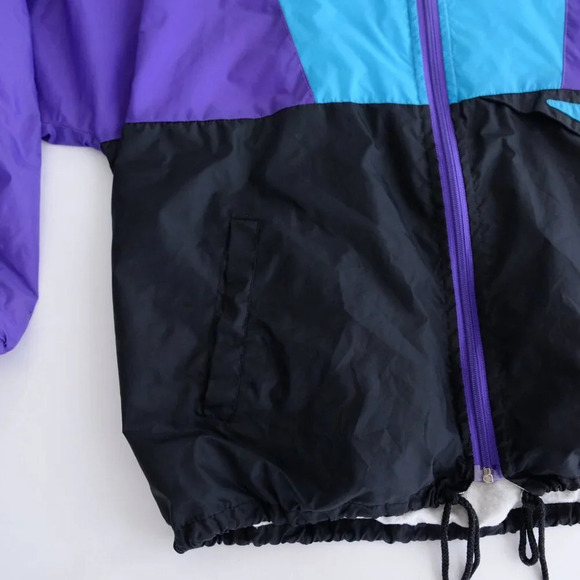 80S Active Spirit Purple Teal Zip Up Nylon W/ Hidden Hood Lined Windbreaker Coat - Picture 8 of 14